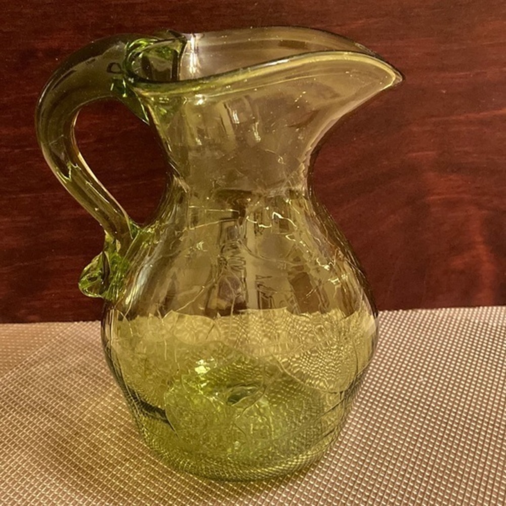 Vintage green crackle hand blown glass pitcher w/heart shaped opening